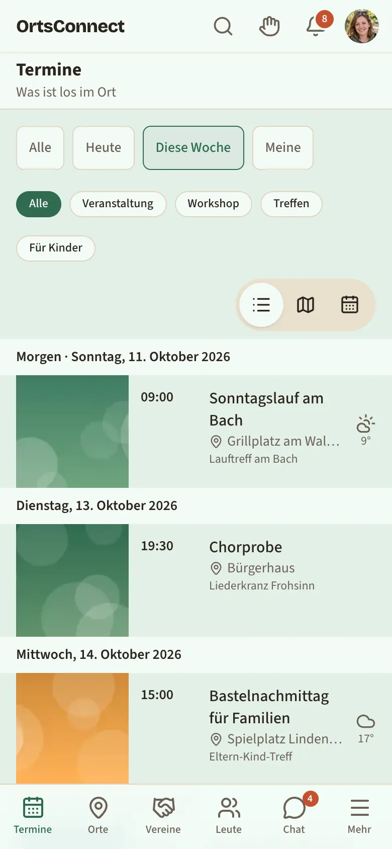 Bereich „Termine“ mit den Auswahlknöpfen Alle, Heute, Diese Woche, Meine; darunter Veranstaltung, Workshop, Treffen, Für Kinder; „Diese Woche“ ist ausgewählt; darunter eine Liste mit Terminen unter der Überschrift „Heute“