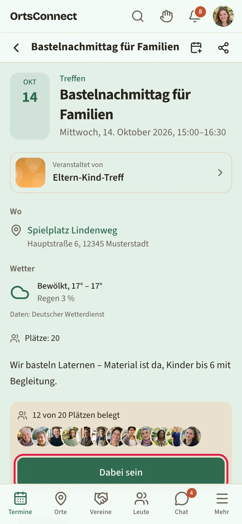 Terminseite mit Titel, Datum, Ort und dem Kasten „12 von 20 Plätzen belegt“, darin der Knopf „Dabei sein“ markiert
