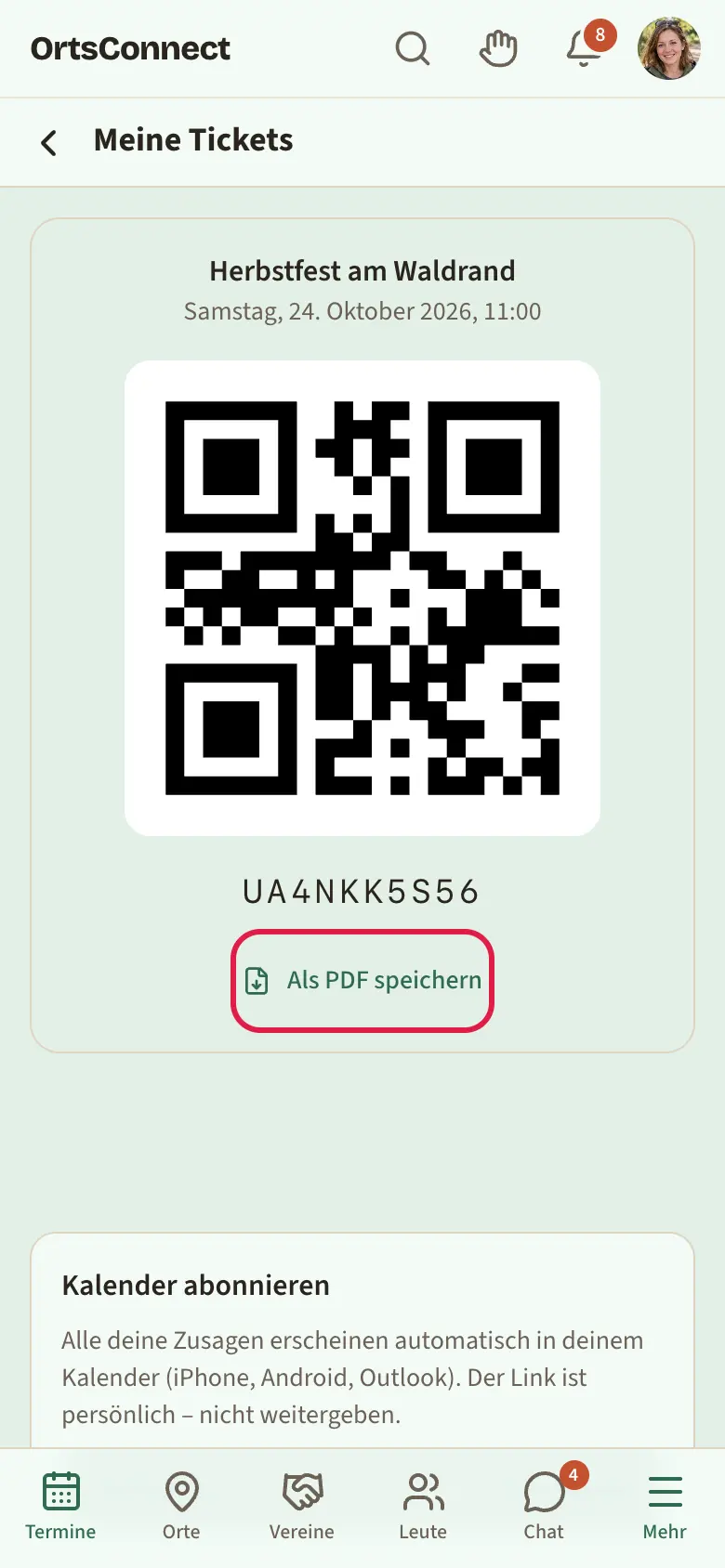 Seite „Meine Tickets“ mit einem Termin, großem QR-Code auf weißem Grund, darunter der Knopf „Als PDF speichern“ markiert