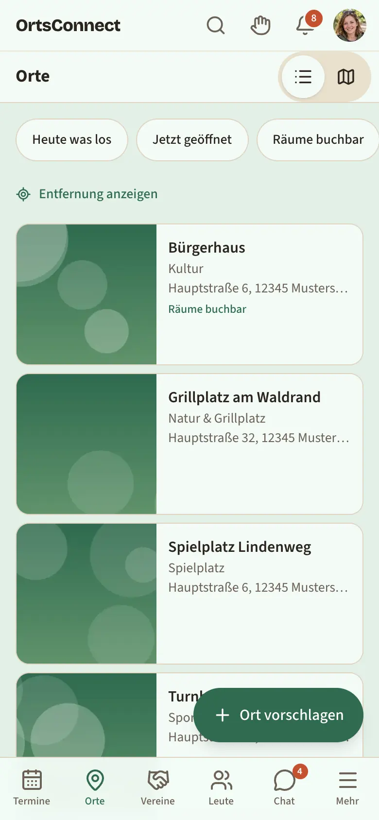 Bereich „Treffpunkte“ in der Listenansicht mit den Auswahlknöpfen Heute was los, Jetzt geöffnet, Räume buchbar und Gastro, Einkaufen usw., darunter drei Karten von Treffpunkten mit Bild, „Geöffnet bis 18:00“ und Entfernung