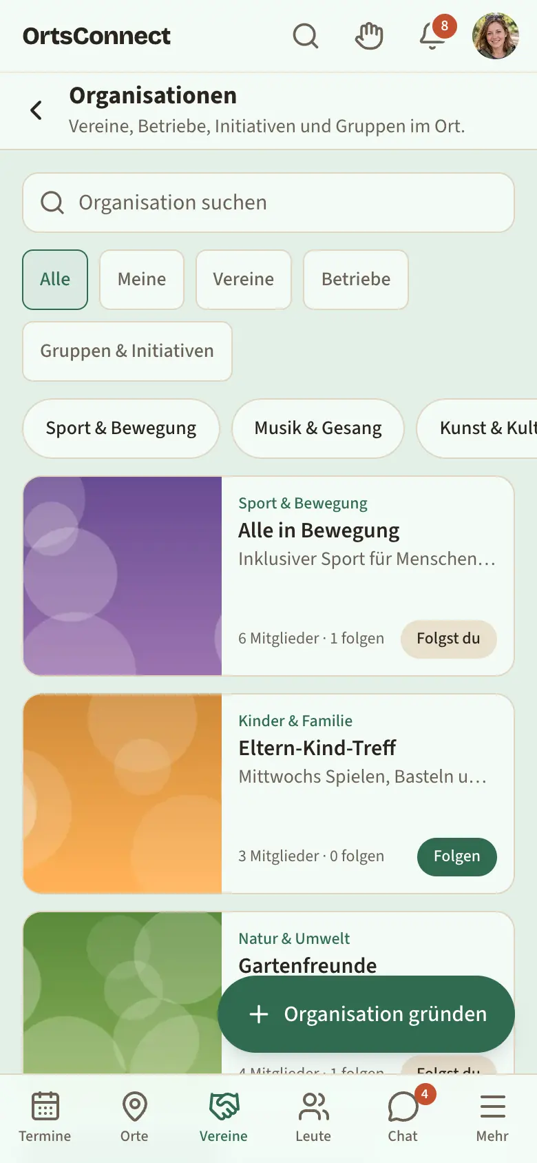 Seite „Organisationen“ mit Suchfeld „Organisation suchen“, den Auswahlknöpfen Alle, Meine, Vereine, Gruppen & Initiativen und einer Liste von Organisationskarten