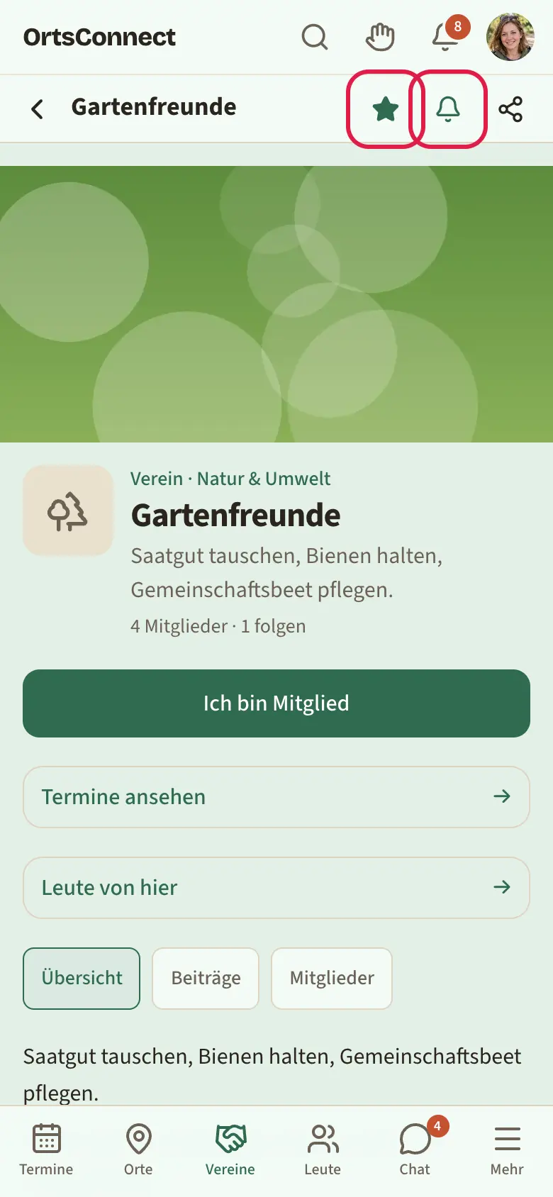 Seite einer Organisation, oben im Seitenkopf der ausgefüllte Stern und daneben die Glocke markiert, darunter Titelbild und Name der Organisation
