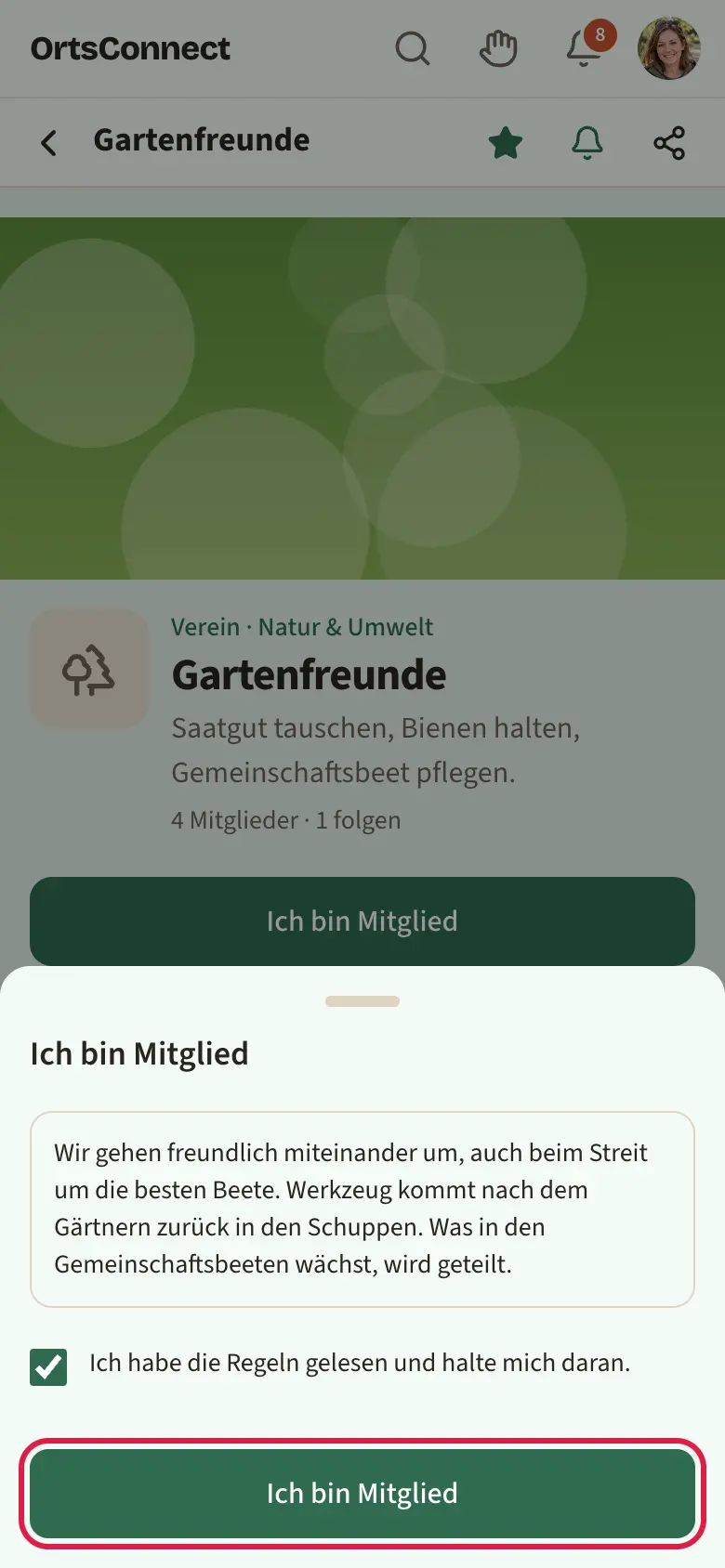 geöffnetes Fenster „Ich bin Mitglied“ mit dem Hinweis „Die Leitung bestätigt das, bevor es in deinem Profil steht.“, den Regeln der Organisation, dem Häkchen „Ich habe die Regeln gelesen und halte mich daran.“ und dem Knopf „Ich bin Mitglied“ markiert