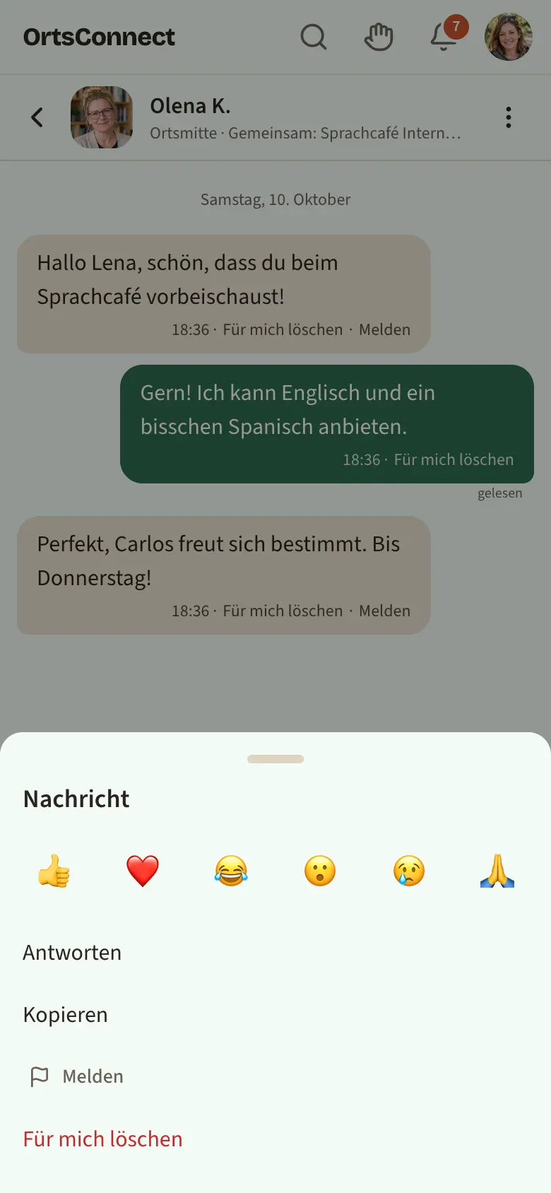 geöffnetes Fenster nach Tippen auf eine fremde Nachricht: oben eine Reihe Reaktionen, darunter Antworten, Kopieren, Melden, Für mich löschen