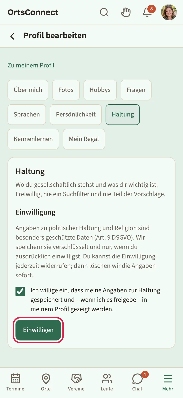 Reiter „Haltung“ vor der Einwilligung: Überschrift „Einwilligung“, Erklärtext zu Art. 9 DSGVO, gesetztes Häkchen „Ich willige ein …“ und der Knopf „Einwilligen“ markiert