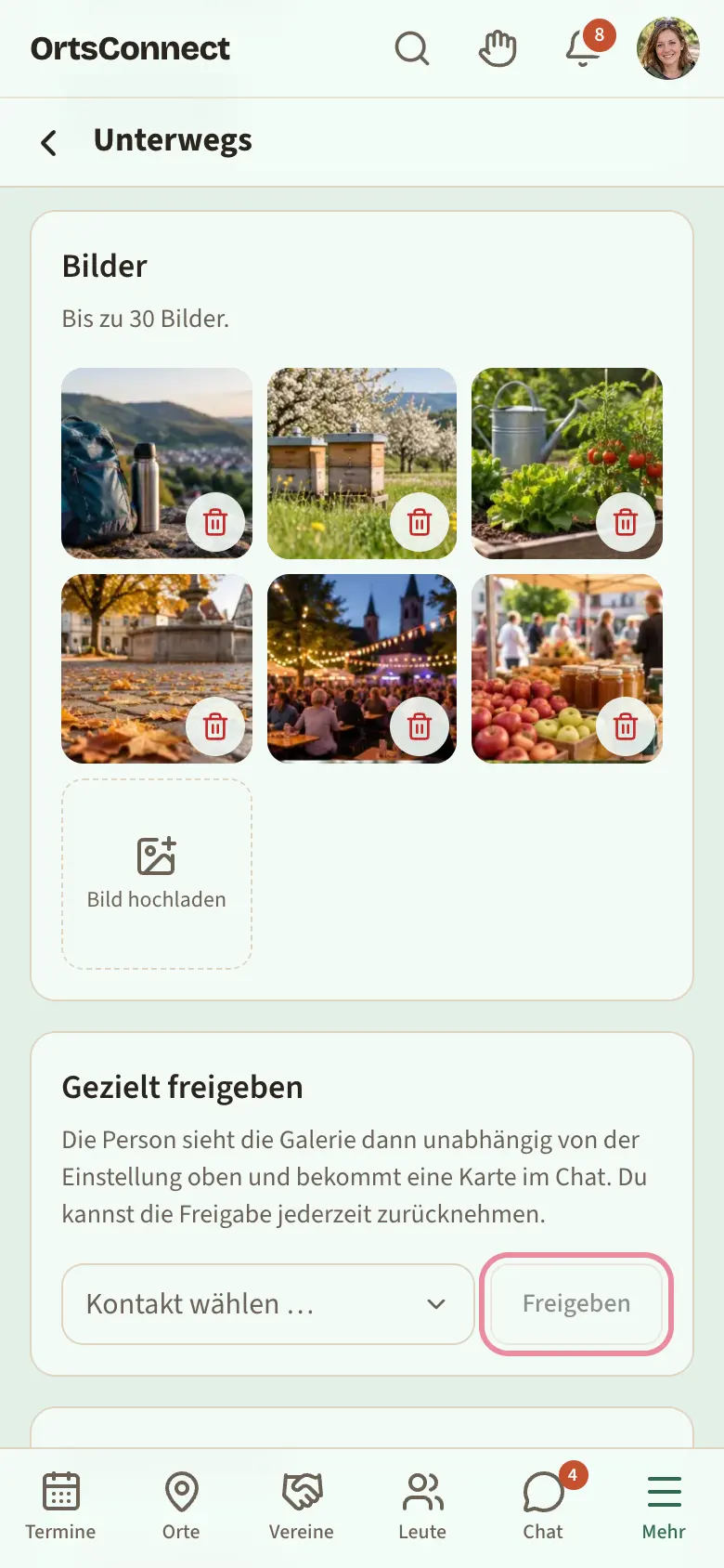Seite einer eigenen Galerie am Handy, bis „Bilder“ gescrollt: sechs Bilder mit Papierkorb und das Feld „Bild hochladen“, darunter „Gezielt freigeben“ mit „Kontakt wählen …“ und dem Knopf „Freigeben“ markiert