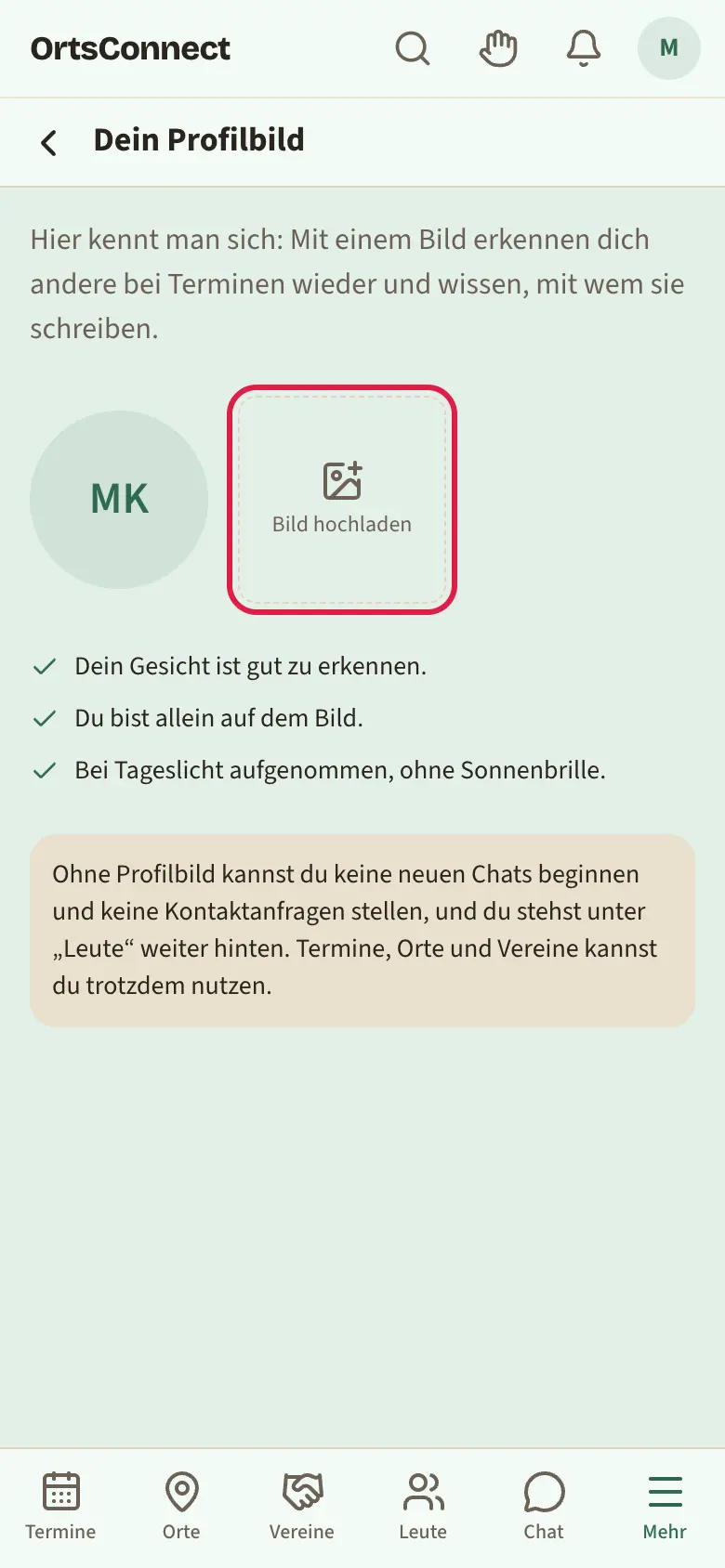 Seite „Dein Profilbild“ mit leerem Bild, Feld „Bild hochladen“ markiert, darunter die drei Tipps und der Hinweis, was ohne Bild nicht geht