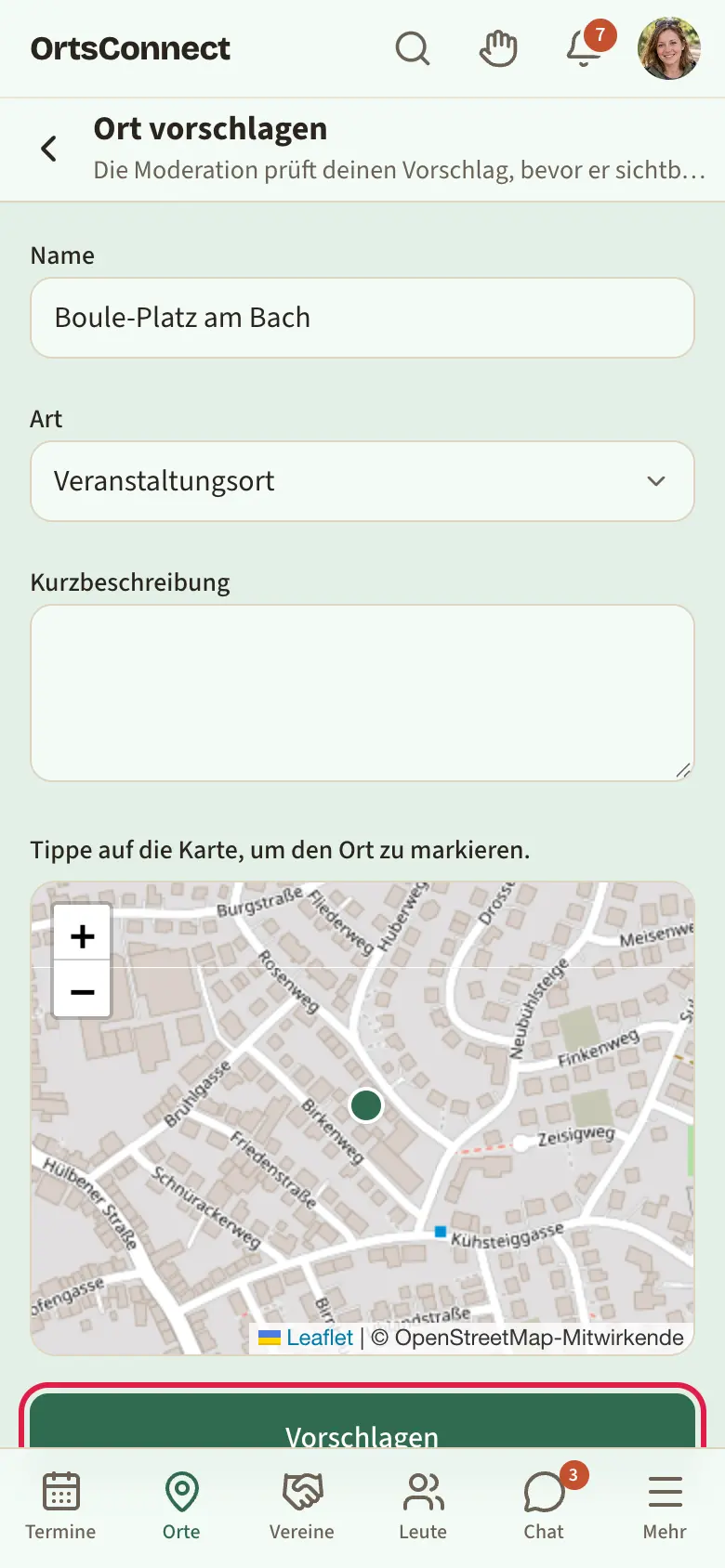 Seite „Treffpunkt vorschlagen“ ausgefüllt, Karte mit gesetzter Markierung, Feld „Für Organisation“ und Knopf „Vorschlagen“ markiert