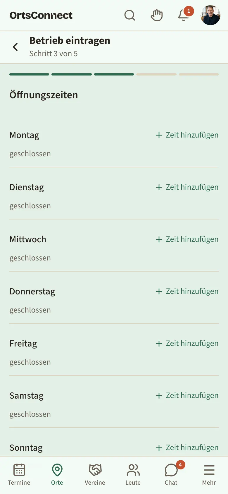 Assistent „Betrieb eintragen“ im Schritt „Öffnungszeiten“, Fortschrittsbalken oben und „Schritt 3 von 5“ markiert, Knöpfe „Zurück“ und „Weiter“ unten