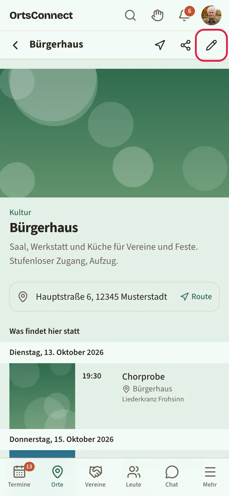 Seite eines eigenen Treffpunkts, Stift-Symbol „Verwalten“ oben rechts im Seitenkopf deutlich markiert