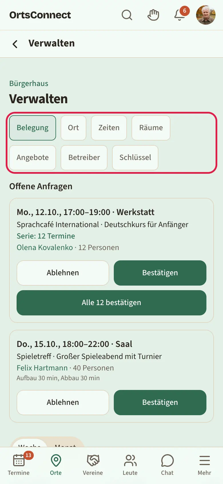 Verwaltung eines Treffpunkts, Reihe der Knöpfe „Belegung · Angaben · Zeiten · Räume · Angebote · Betreiber“ markiert