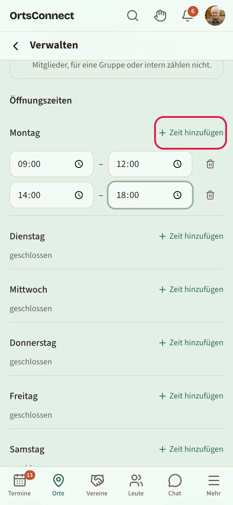 Verwaltung › Zeiten, Montag mit zwei Zeitspannen (Vormittag und Nachmittag), Sonntag „geschlossen“, Knopf „Zeit hinzufügen“ markiert
