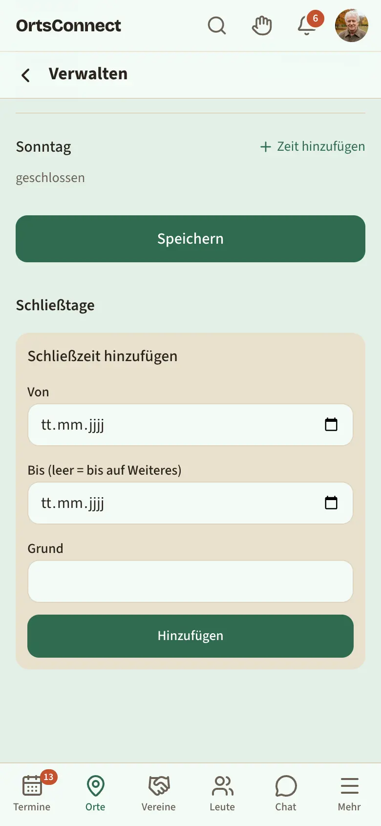 Verwaltung › Zeiten, Abschnitt „Schließtage“ mit einem Eintrag „Geschlossen vom … bis …“ und Grund, darunter der ausgefüllte Kasten „Schließzeit hinzufügen“