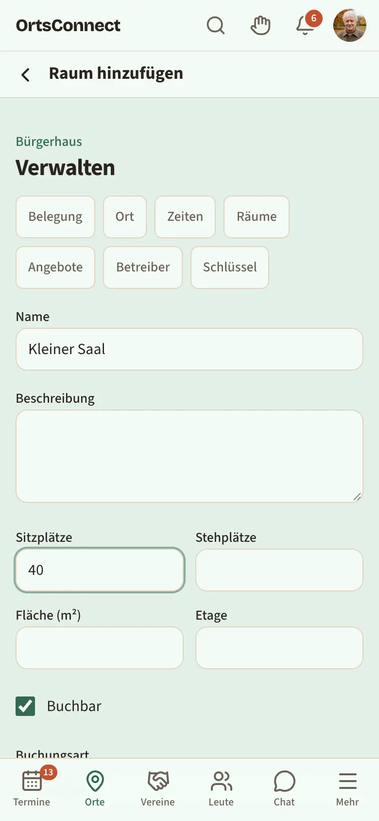 Verwaltung › Räume › Raum hinzufügen, ausgefüllt mit Name, Sitzplätzen, Fläche, Häkchen „Buchbar“, „Buchungsart: wie beim Treffpunkt“ und Preis pro Stunde