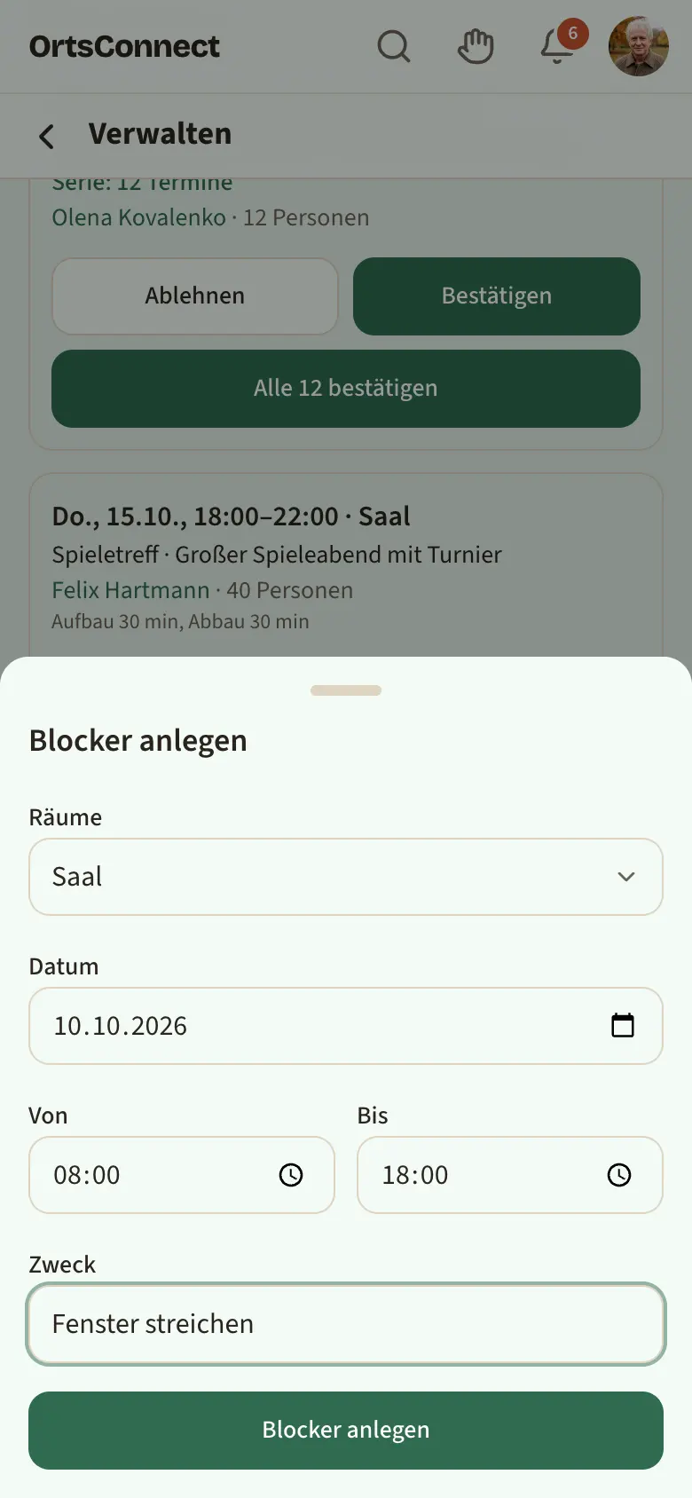 geöffnetes Fenster „Blocker anlegen“ mit Raum, Datum, Von, Bis und Zweck ausgefüllt