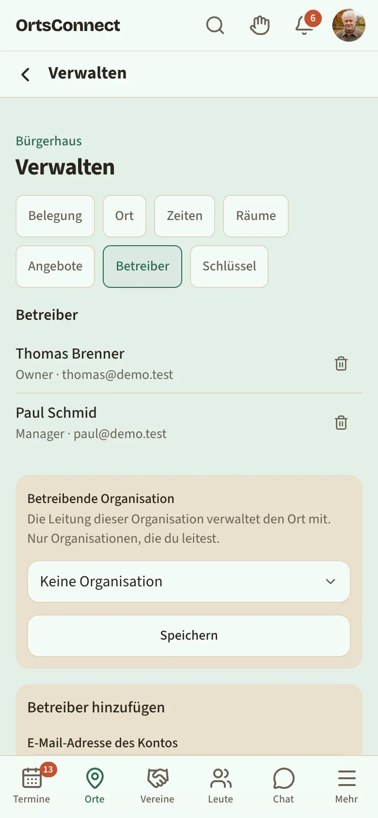 Verwaltung › Betreiber, Liste mit zwei Betreibern (Owner und Manager), darunter Kasten „Betreibende Organisation“ und Kasten „Betreiber hinzufügen“ mit E-Mail-Feld