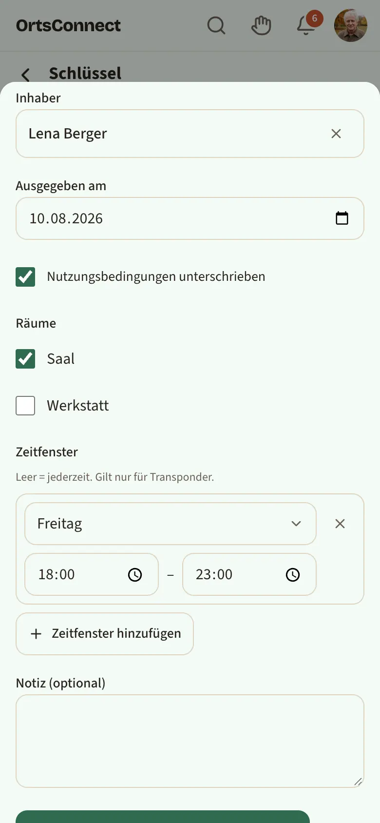 Fenster „Schlüssel bearbeiten“ von „Transponder 2“, bis zu den Räumen gescrollt: Inhaberin, ausgegeben am, Räume (Saal angehakt) und Zeitfenster Freitag 18:00–23:00