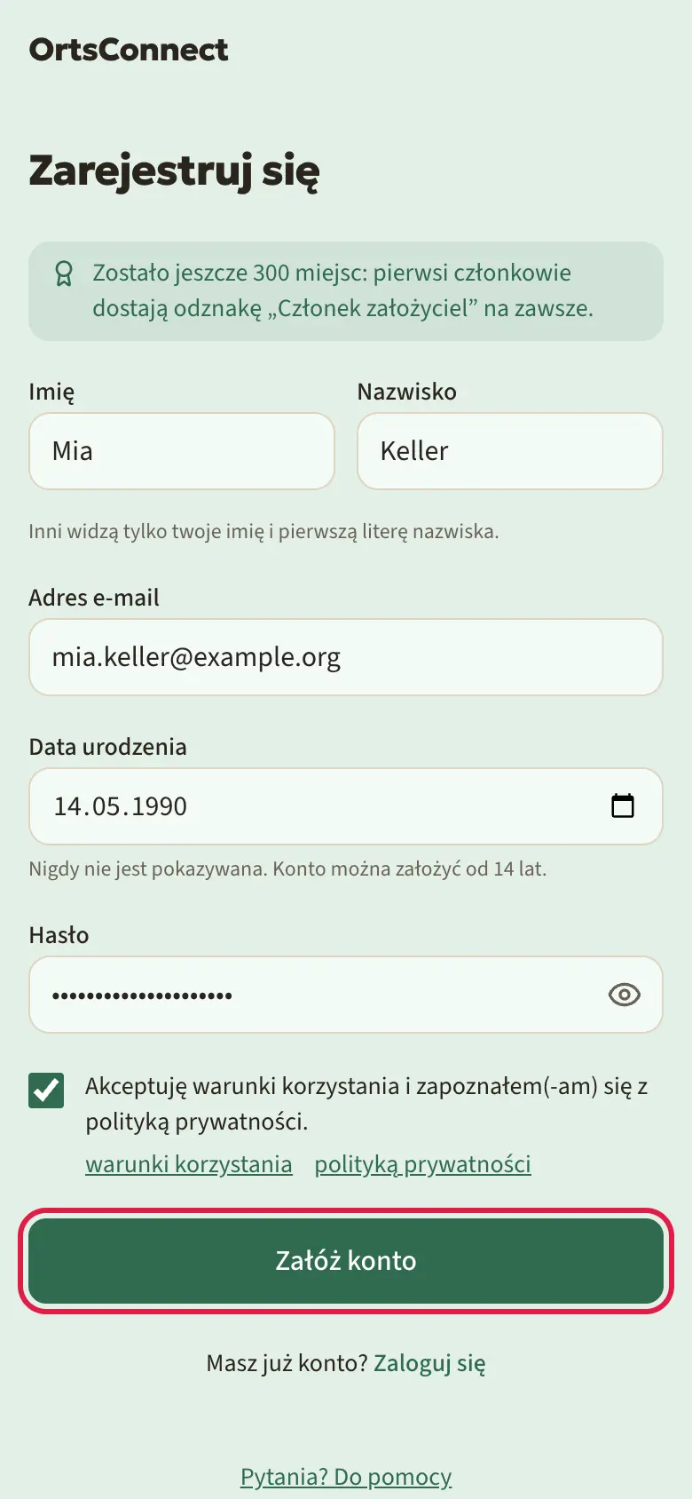 Strona „Zarejestruj się” na telefonie, wypełniona przykładowymi danymi (imię, nazwisko, e-mail, data urodzenia, hasło), zaznaczone pole przy warunkach korzystania, zaznaczony przycisk „Załóż konto”
