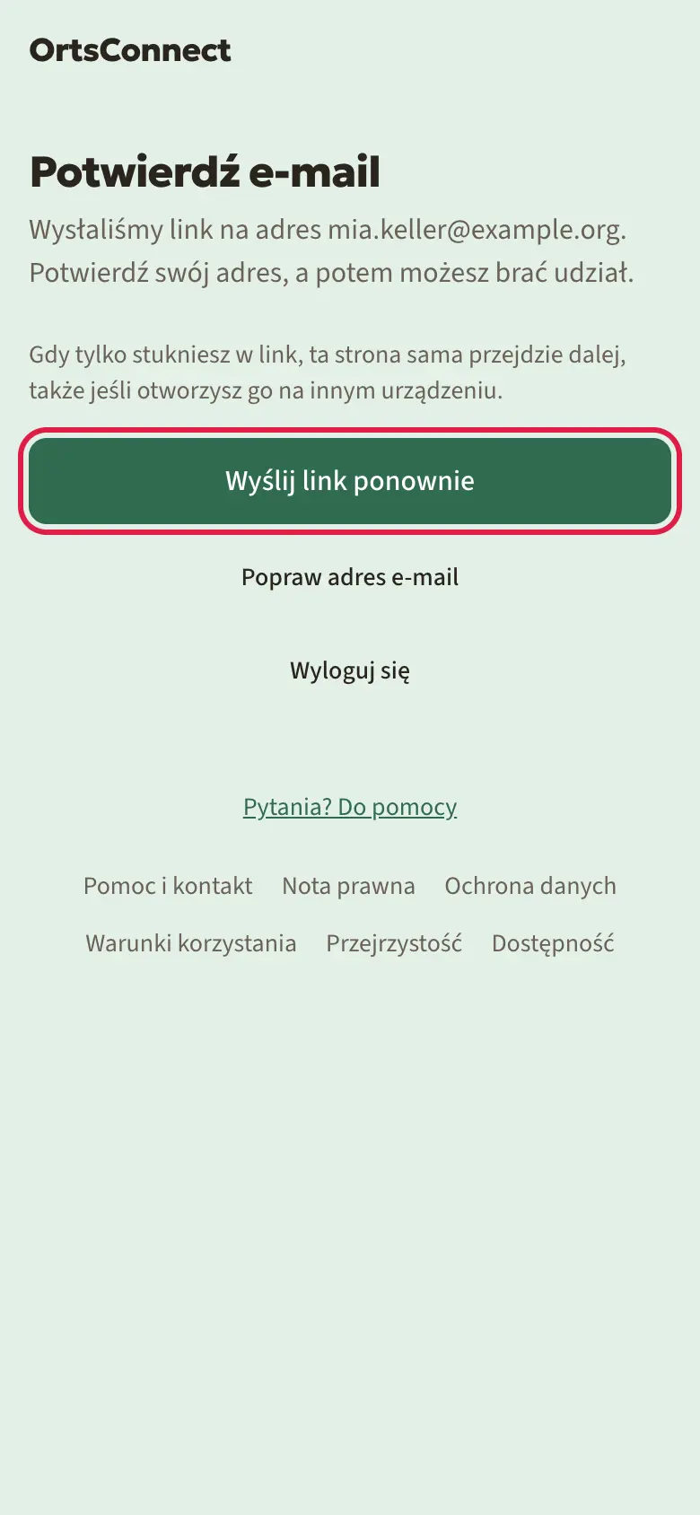 Strona „Potwierdź e-mail” z informacją o wysłanym e-mailu, zaznaczony przycisk „Wyślij link ponownie”, pod spodem „Wyloguj się”