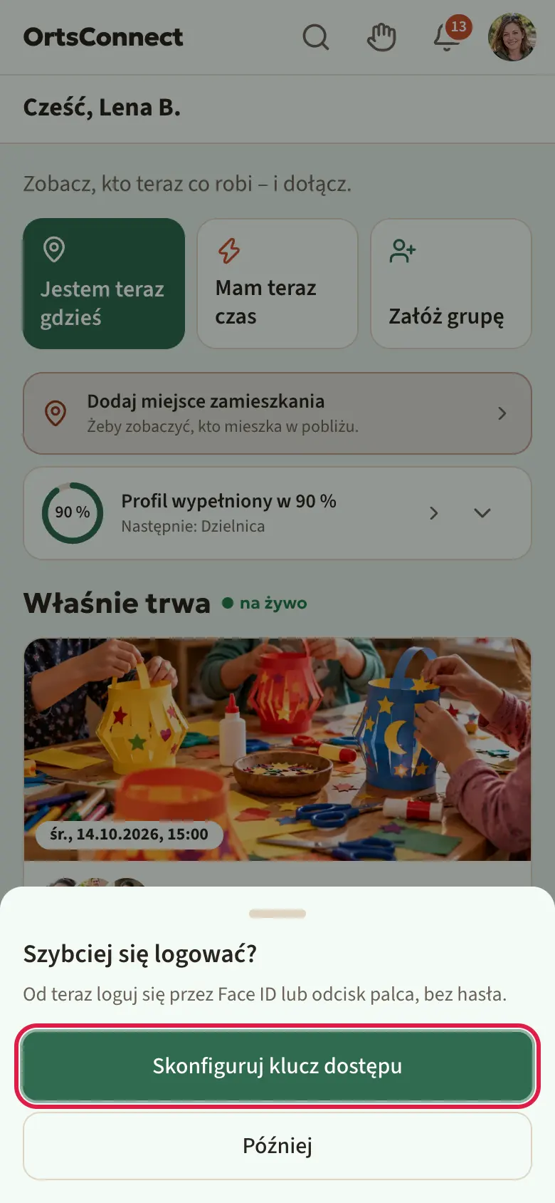 okno „Szybciej się logować?” nad stroną startową, z przyciskami „Skonfiguruj klucz dostępu” (zaznaczony) i „Później”