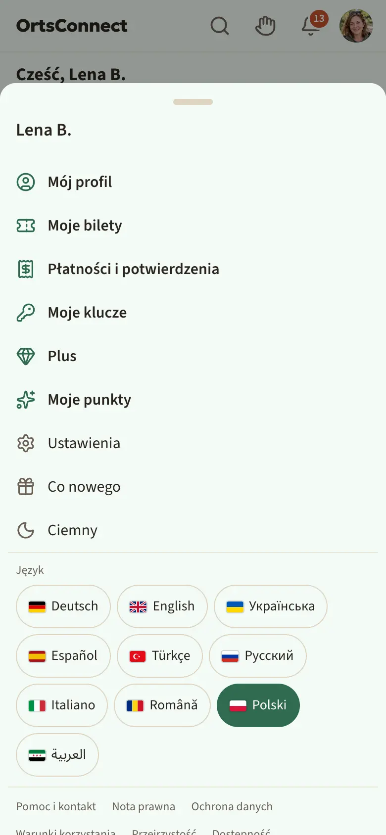 otwarte menu awatara z imieniem na górze, pod nim Mój profil, Moje bilety, Płatności i potwierdzenia, potem Ustawienia, Co nowego, Ciemny, wiersz z tekstami prawnymi i Wyloguj się (na czerwono)