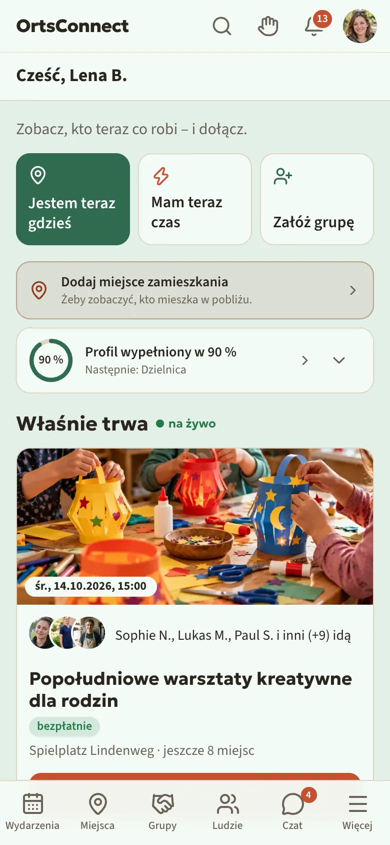 Sekcja Start z „Cześć, Anna M.” i obok po prawej zieloną kropką „online 12 / 30”, pod spodem trzy przyciski „Jestem teraz gdzieś”, „Mam teraz czas”, „Załóż grupę”, kafelek z pierścieniem profilu „Profil wypełniony w 70 %” i początek „Właśnie trwa”