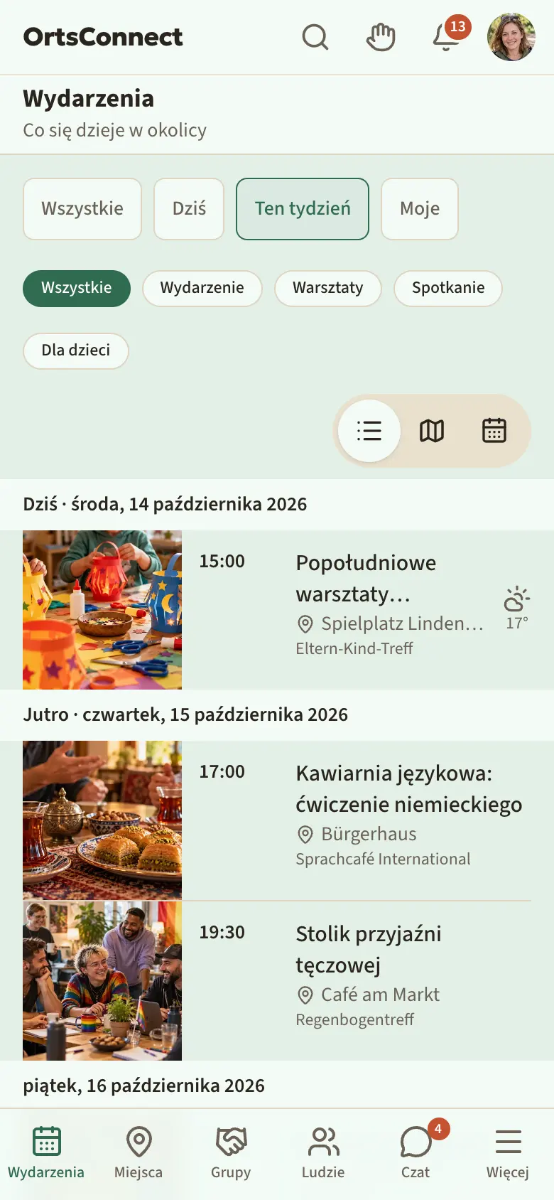 Sekcja „Wydarzenia” z przyciskami wyboru Wszystkie, Dziś, Ten tydzień, Moje; pod nimi Wydarzenie, Warsztaty, Spotkanie, Dla dzieci; wybrany „Ten tydzień”; pod spodem lista wydarzeń pod nagłówkiem „Dziś”