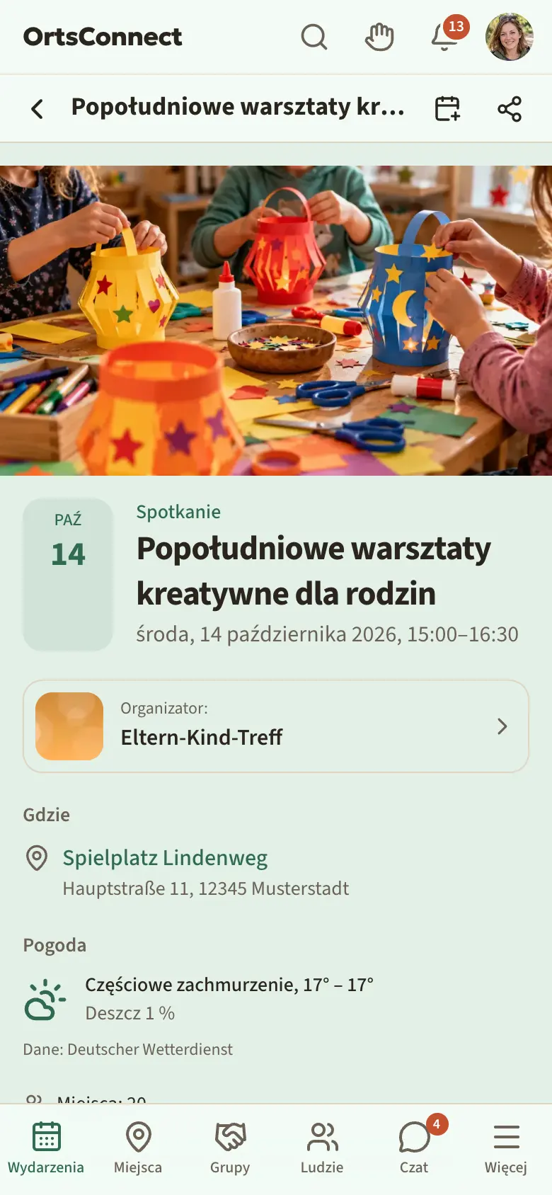 Strona wydarzenia z tytułem, datą, miejscem i ramką „Zajęte miejsca: 12 z 20”, w niej zaznaczony przycisk „Biorę udział”