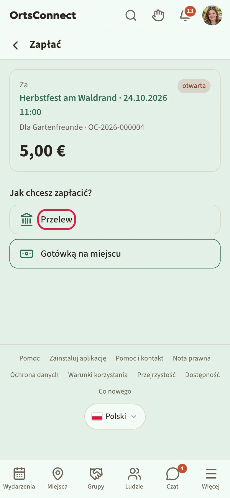 Strona „Zapłać” z „Jak chcesz zapłacić?” i trzema polami wyboru Gotówką na miejscu, Przelew, PayPal; zaznaczony „Przelew”