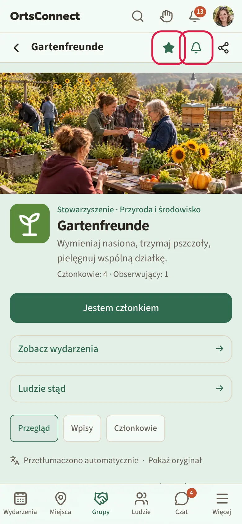 Strona organizacji, na górze nagłówka zaznaczone wypełniona gwiazdka i obok dzwonek, pod spodem zdjęcie główne i nazwa organizacji
