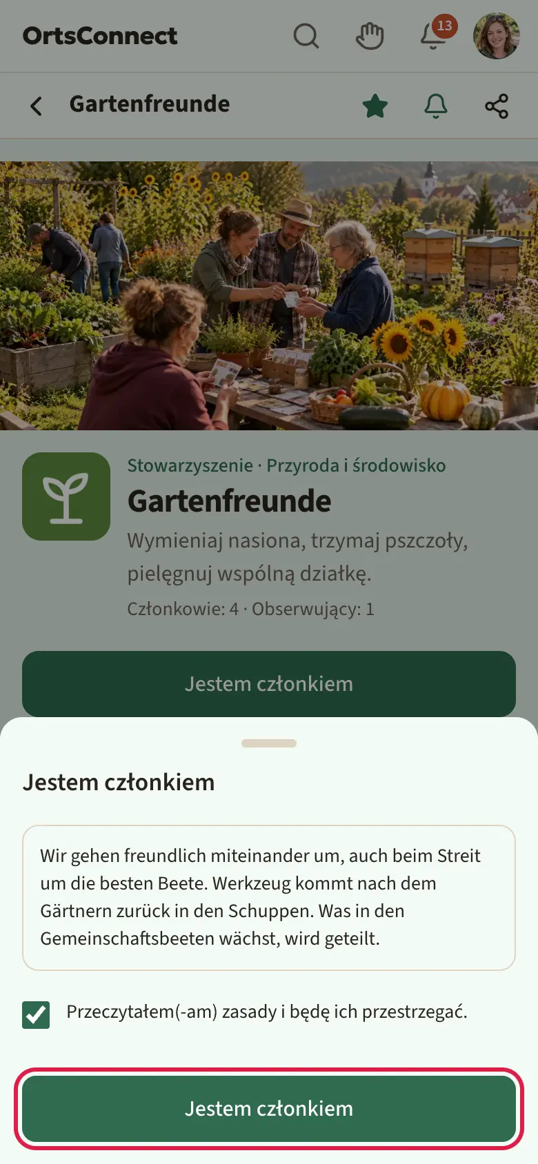otwarte okno „Jestem członkiem” z informacją „Prowadzący potwierdzą to, zanim pojawi się w twoim profilu.”, zasadami organizacji, polem „Przeczytałem(-am) zasady i będę ich przestrzegać.” i zaznaczonym przyciskiem „Jestem członkiem”