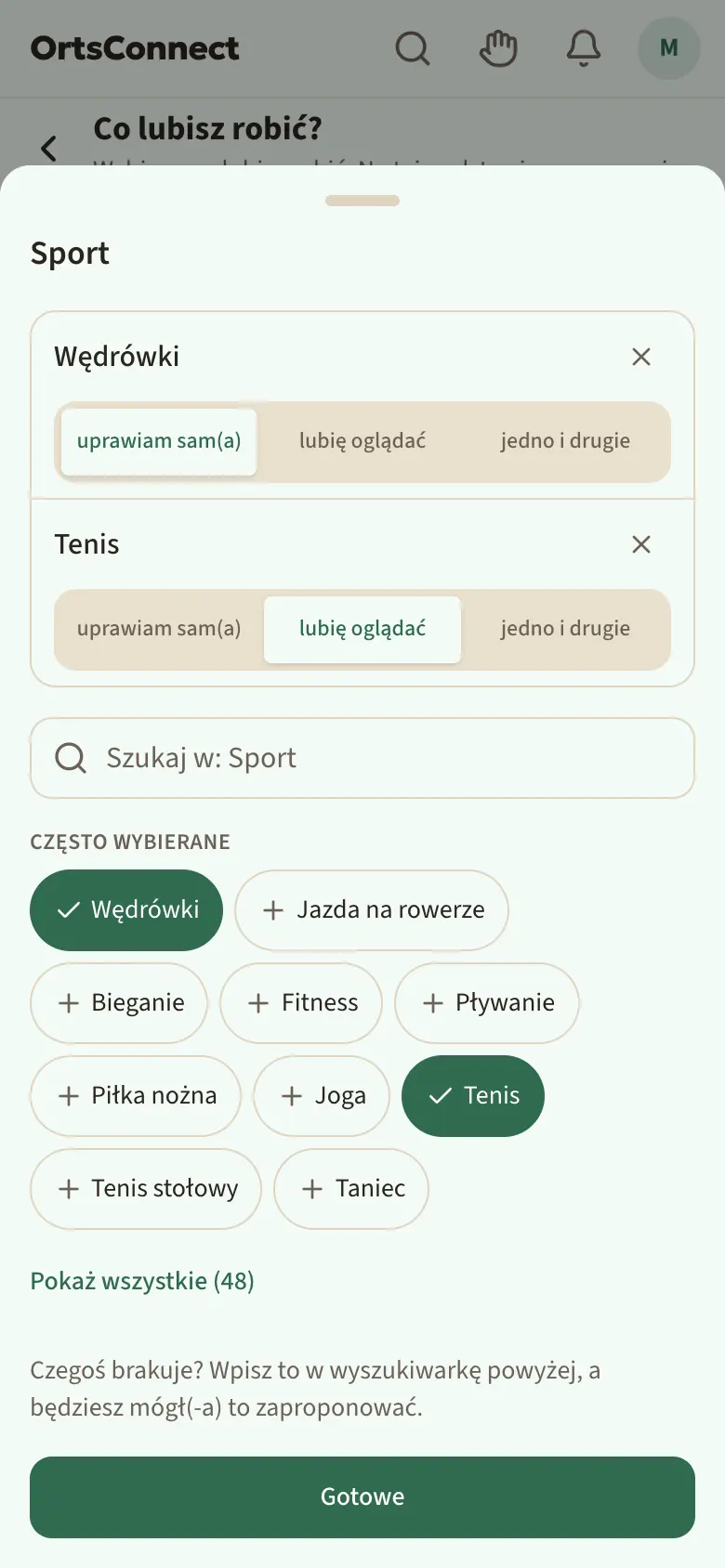 Strona „Co lubisz robić?” z polami dziedzin (Sport z „tenis · wędrówki” na zielonym tle, Muzyka, Natura …), obok otwarte okno „Sport” z tenisem i wyborem „uprawiam sam(a) | lubię oglądać | jedno i drugie”, pod spodem „Często wybierane”