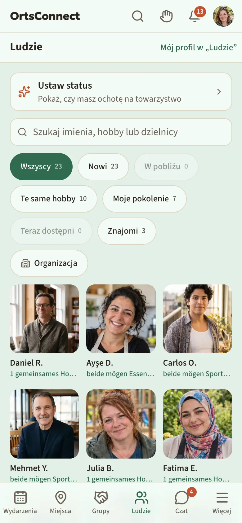 Sekcja „Ludzie” z wierszem „Ustaw status”, pod nim pole wyszukiwania i filtry Wszyscy, Nowi, W pobliżu, Te same hobby, Moje pokolenie, Teraz dostępni, Znajomi z liczbami, aktywny „Wszyscy”; kafelki w siatce zamiast kart; dwie karty osób ze zdjęciem, imieniem i inicjałem, wiekiem jako dekadą i powodem „Wspólnych hobby: 2 (wędrówki, gotowanie)”