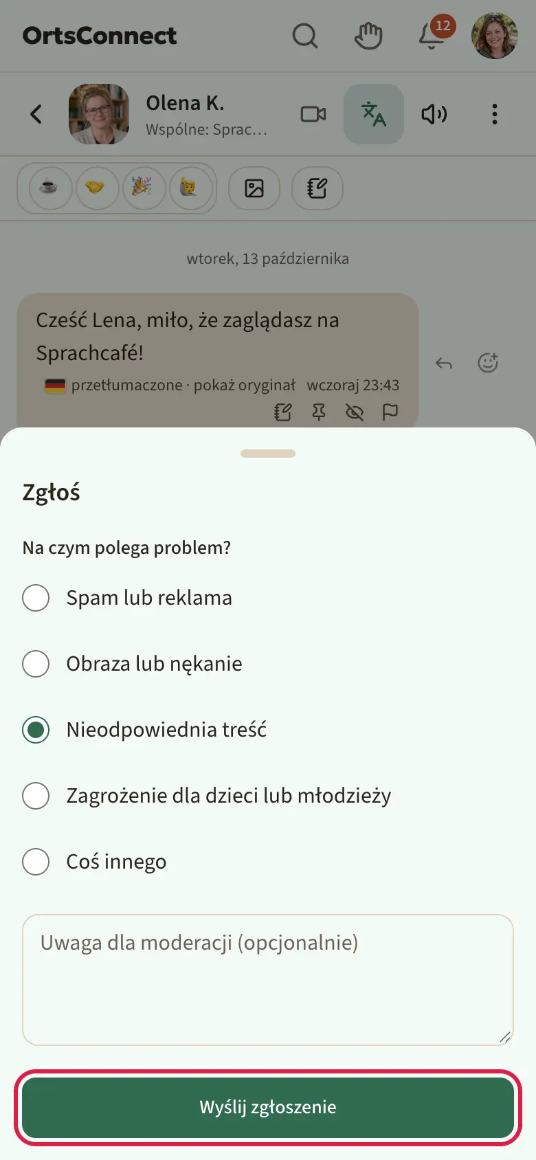otwarte okno „Zgłoś” z pięcioma powodami do wyboru (wybrana Nieodpowiednia treść), pod spodem pole na uwagę i zaznaczony przycisk „Wyślij zgłoszenie”