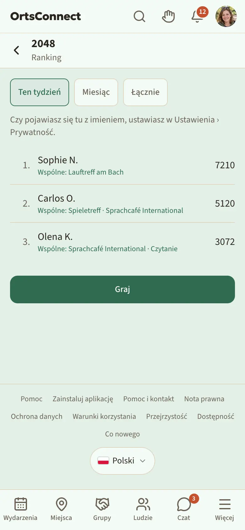 Strona „Ranking” gry z zakładkami Ten tydzień, Miesiąc, Łącznie i listą miejsc, pod każdym wiersz „Wspólne: …”