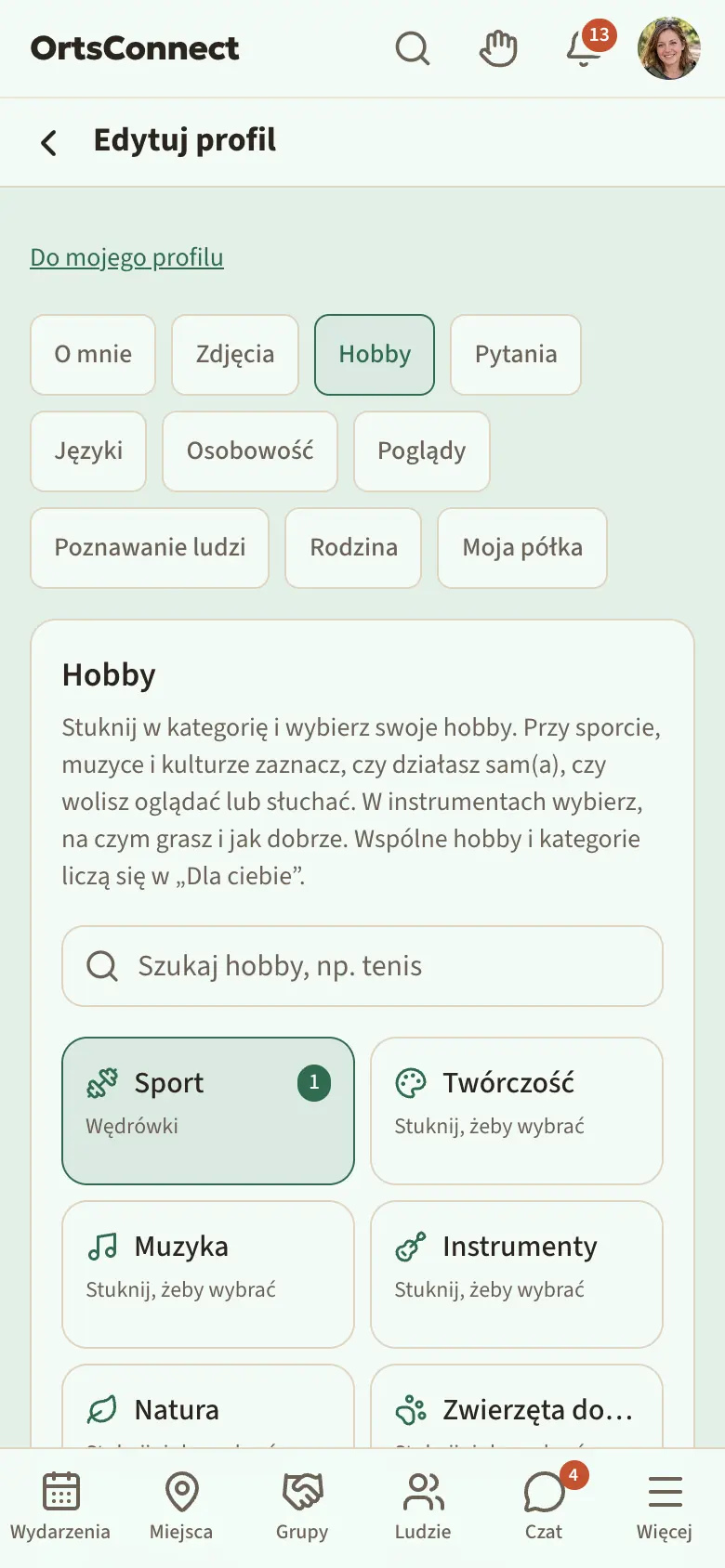 Mój profil › Edytuj profil na telefonie: na górze pasek zakładek z O mnie, Zdjęcia, Hobby, Pytania …; „Hobby” jest aktywne i ma kolorową kropkę; na dole pole „Pokazuj w moim profilu”, a pod nim, nad paskiem, przyklejony wiersz „Nie zapisano” z zaznaczonym przyciskiem „Zapisz: Hobby”