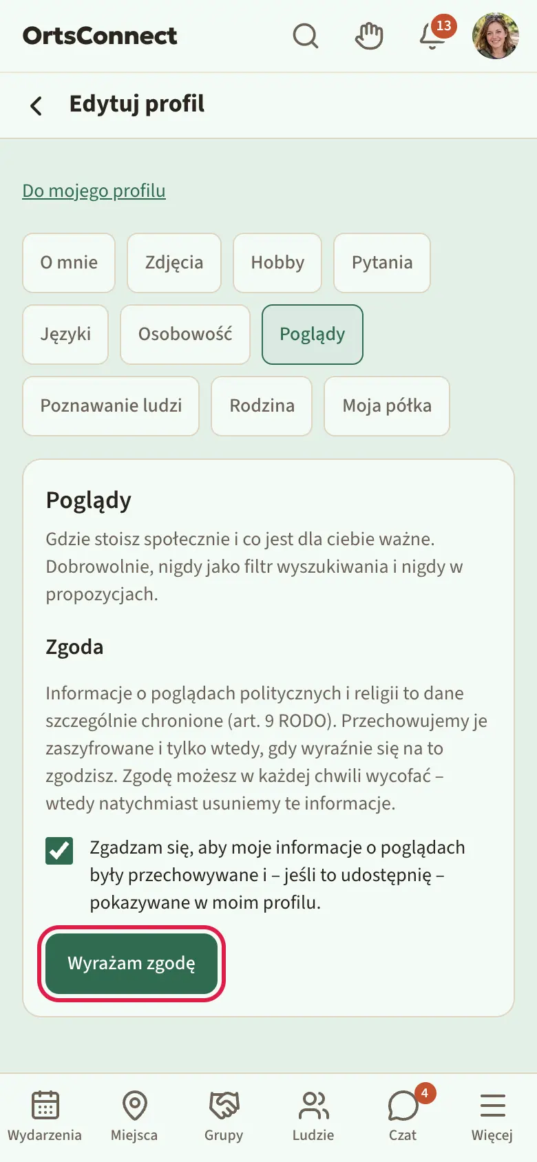 Zakładka „Poglądy” przed wyrażeniem zgody: nagłówek „Zgoda”, tekst wyjaśniający o art. 9 RODO, zaznaczone pole „Zgadzam się …” i zaznaczony przycisk „Wyrażam zgodę”