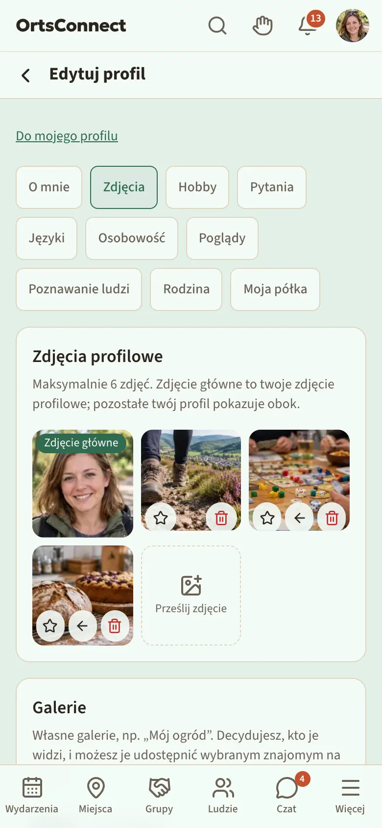 Mój profil › Edytuj profil › zakładka „Zdjęcia” na telefonie: sekcja „Zdjęcia profilowe” ze zdjęciem głównym (etykieta „Zdjęcie główne”) i trzema kolejnymi zdjęciami, na dole każdego gwiazdka, strzałka (oprócz pierwszego) i kosz; zaznaczona gwiazdka na drugim zdjęciu; obok pole „Prześlij zdjęcie”