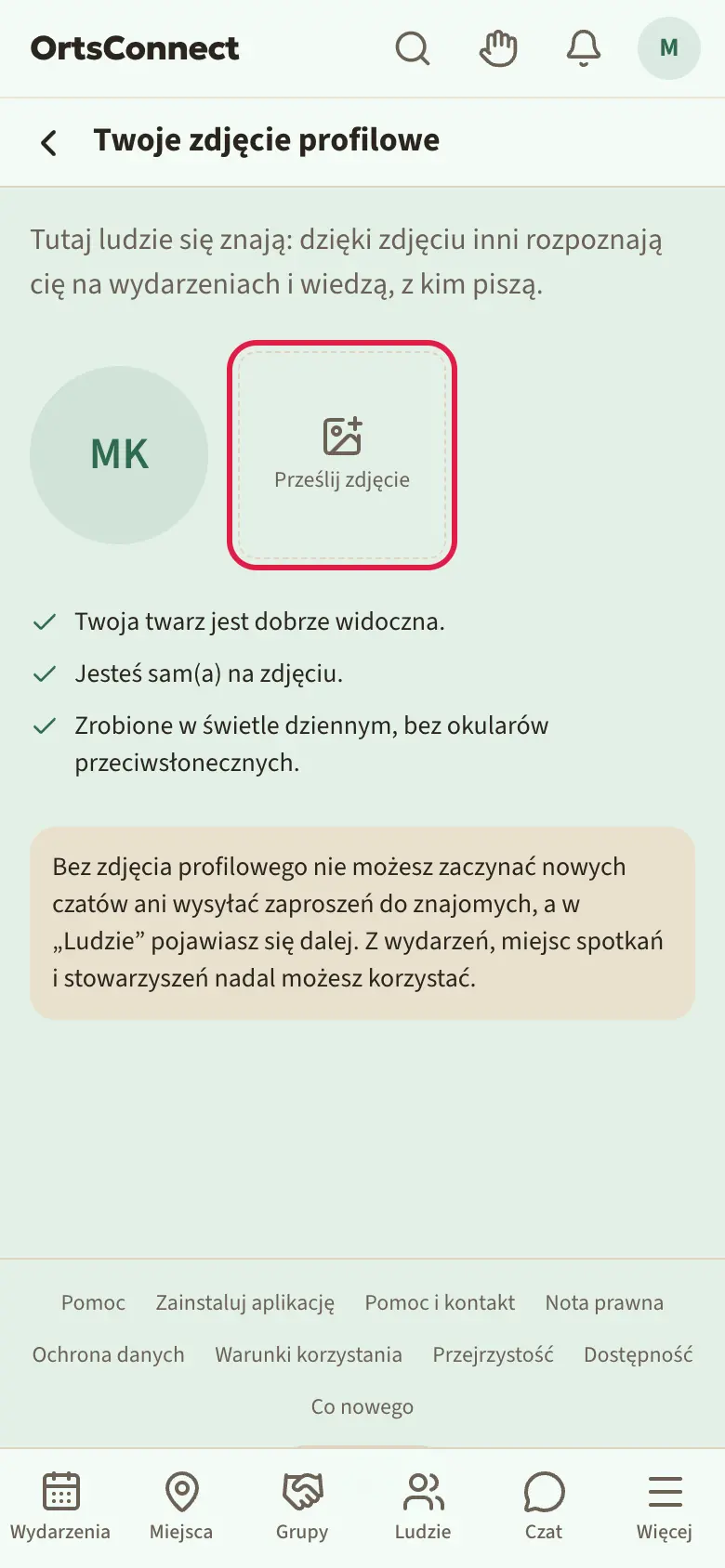 Strona „Twoje zdjęcie profilowe” z pustym zdjęciem, zaznaczone pole „Prześlij zdjęcie”, pod spodem trzy wskazówki i informacja, czego nie można bez zdjęcia