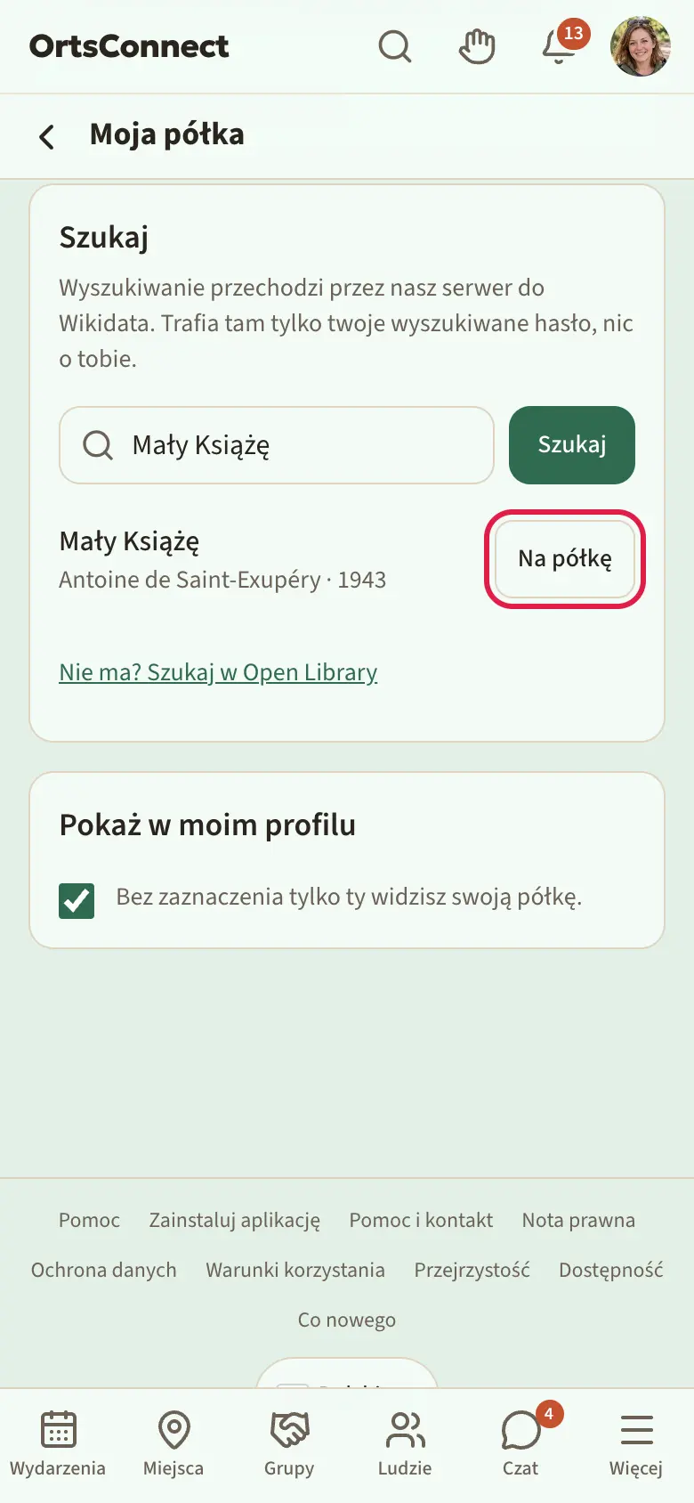 Moja półka na telefonie: na górze dziedziny Książki, Filmy i seriale, Gry planszowe, Muzyka; pod nimi karta z własnymi wpisami i oceną; pod nią wyszukiwanie z wynikami i zaznaczonym przyciskiem „Na półkę”