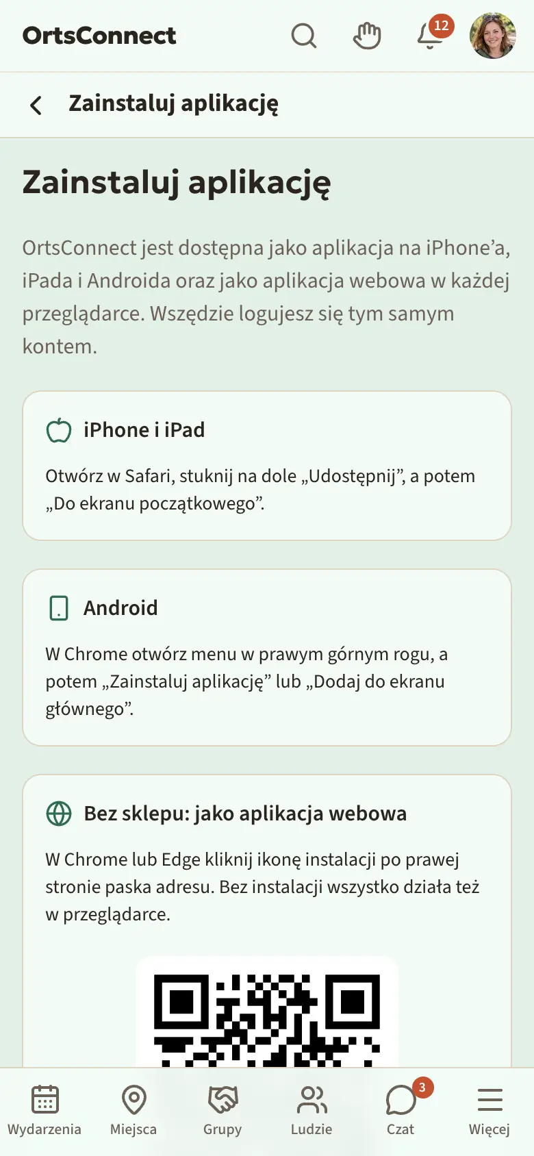 Strona „Zainstaluj aplikację” (/de/app-installieren) na telefonie: na górze tekst wprowadzający, pod nim „Dla twojego urządzenia” z przyciskami sklepów albo instrukcją, pod spodem „Bez sklepu: jako aplikacja webowa”