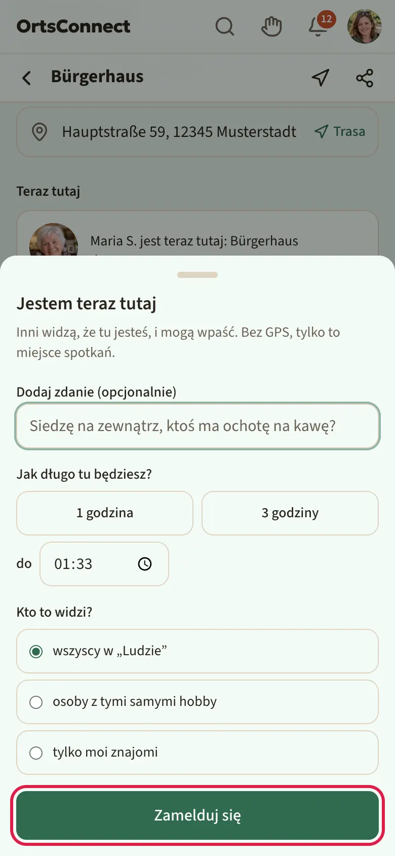 Strona miejsca spotkań (np. kawiarni) na telefonie z otwartym oknem „Jestem teraz tutaj”: wybór „1 godzina” / „3 godziny” i godzina, pole „Dodaj zdanie (opcjonalnie)”, „Kto to widzi?” i zaznaczony przycisk „Zamelduj się”