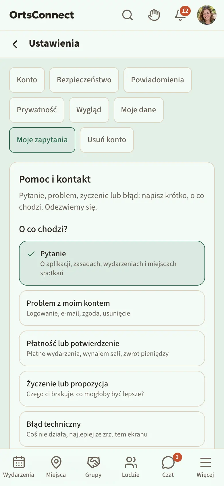 Strona „Pomoc i kontakt” (/de/kontakt) na telefonie, po zalogowaniu: „O co chodzi?” z sześcioma rodzajami spraw (wybrane Pytanie), pole „Twoja wiadomość” i zaznaczony przycisk „Wyślij”