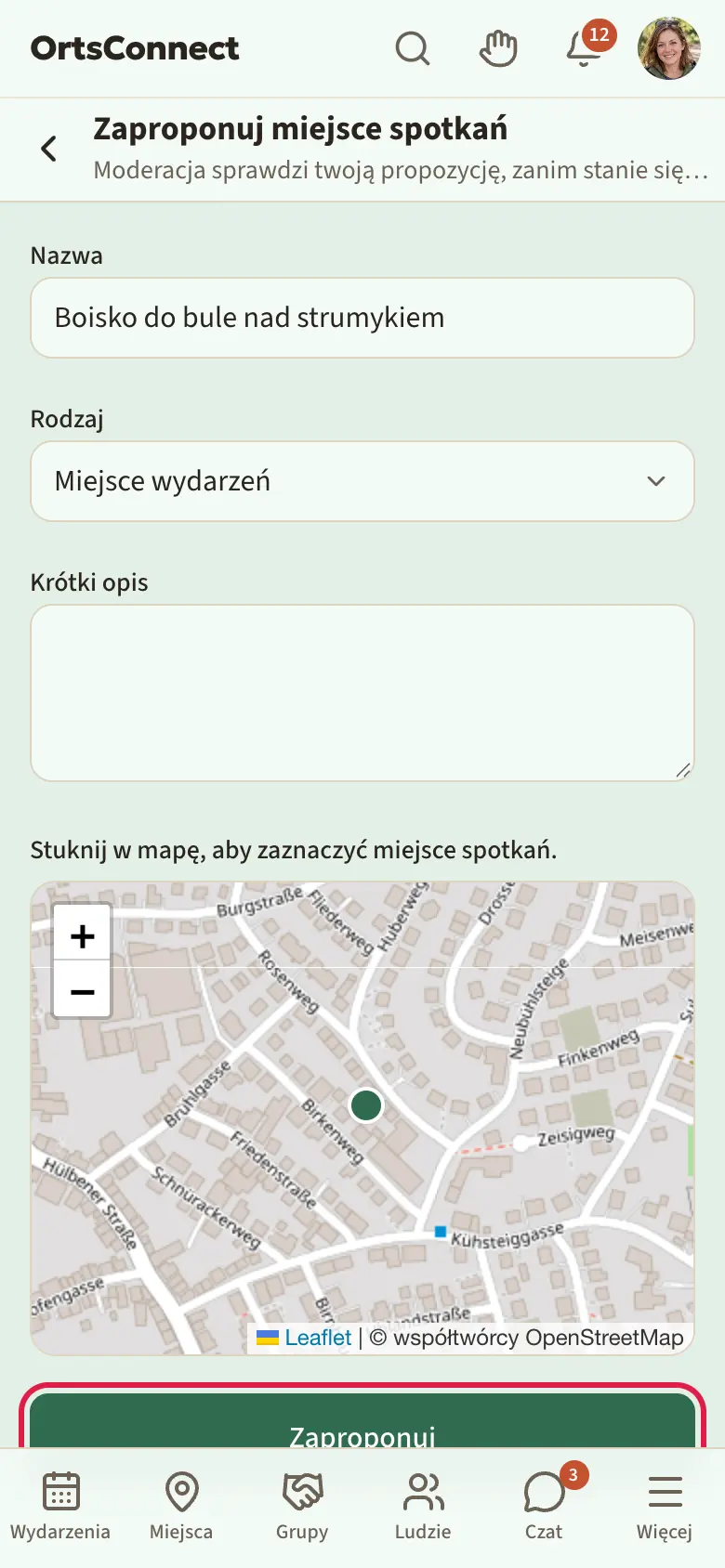 Wypełniona strona „Zaproponuj miejsce spotkań”, mapa z ustawionym znacznikiem, zaznaczone pole „Dla organizacji” i przycisk „Zaproponuj”
