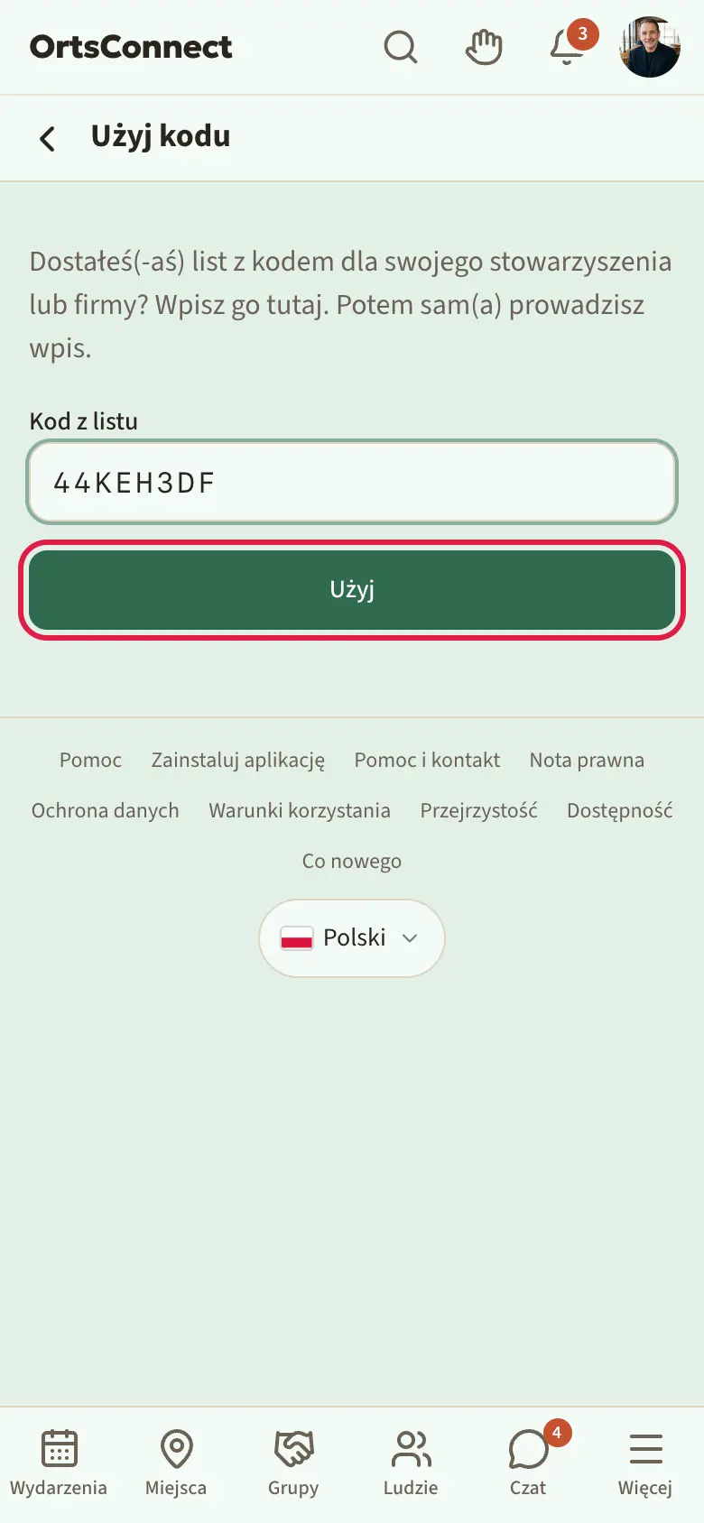 Strona „Użyj kodu”, pole „Kod z listu” z wpisanym kodem, zaznaczony przycisk „Użyj”