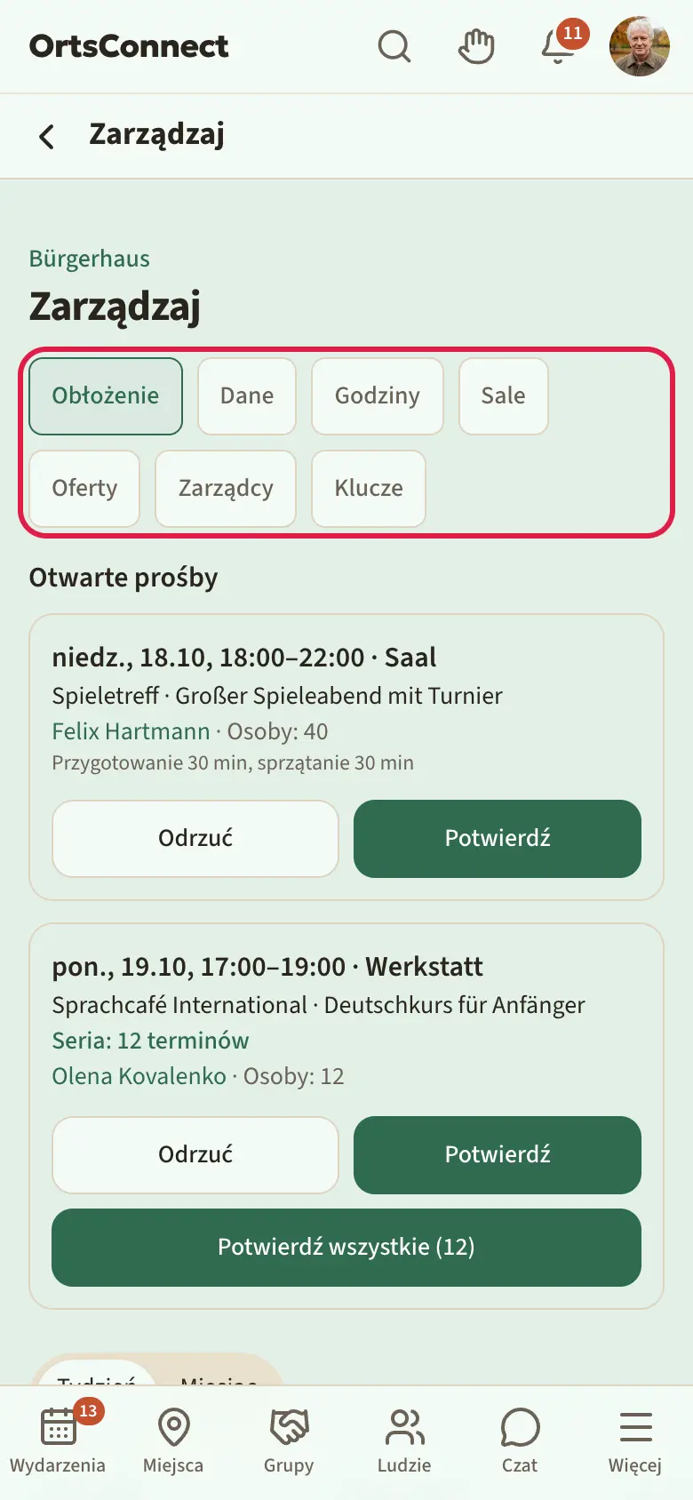 Zarządzanie miejscem spotkań, zaznaczone zakładki „Obłożenie · Dane · Godziny · Sale · Oferty · Zarządcy”