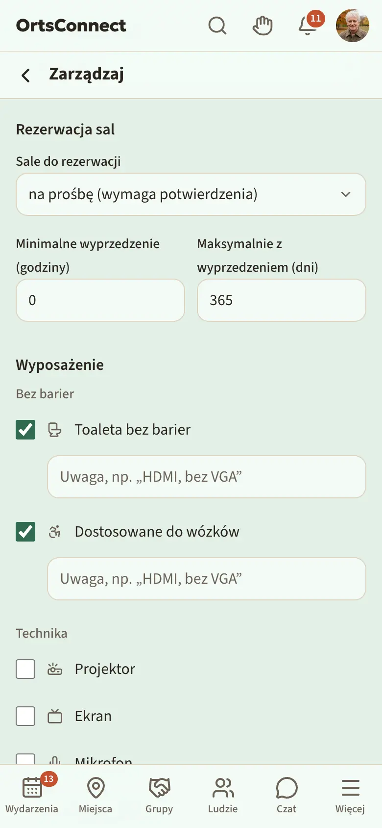 Zarządzanie › Dane, sekcja „Rezerwacja sal” z wyborem „Sale do rezerwacji” ustawionym na „na prośbę (wymaga potwierdzenia)”, pod spodem „Minimalne wyprzedzenie (godziny)” i „Maksymalnie z wyprzedzeniem (dni)”