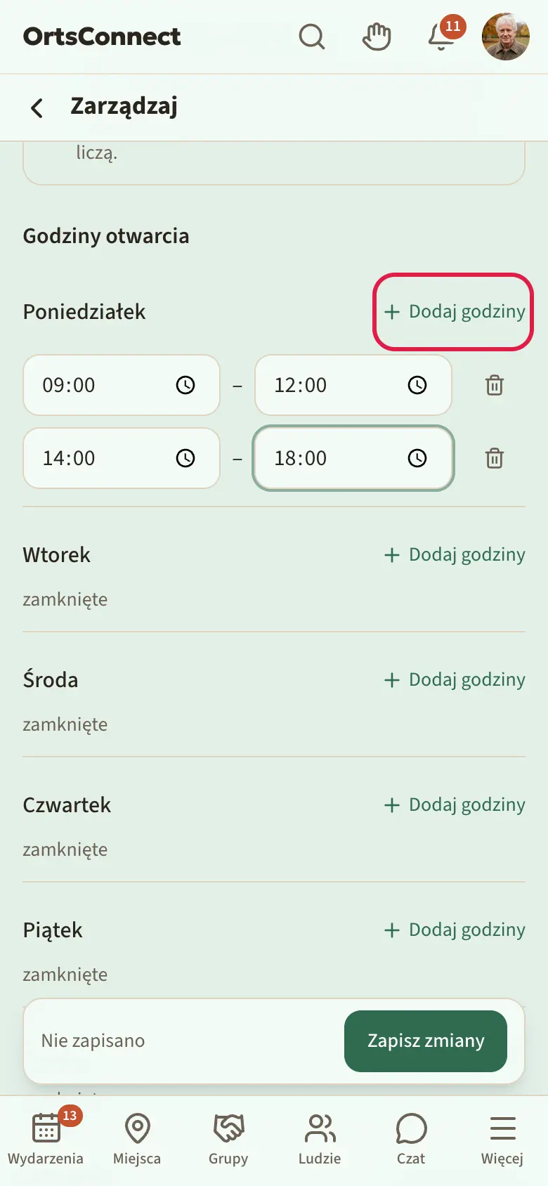 Zarządzanie › Godziny, poniedziałek z dwoma przedziałami czasu (przed południem i po południu), niedziela „zamknięte”, zaznaczony przycisk „Dodaj godziny”