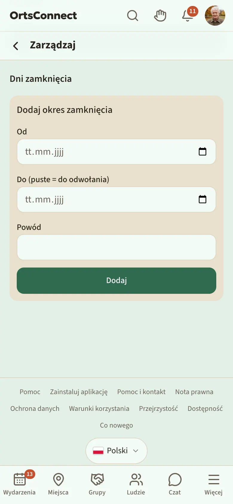 Zarządzanie › Godziny, sekcja „Dni zamknięcia” z wpisem „Zamknięte od … do …” i powodem, pod spodem wypełniona ramka „Dodaj okres zamknięcia”