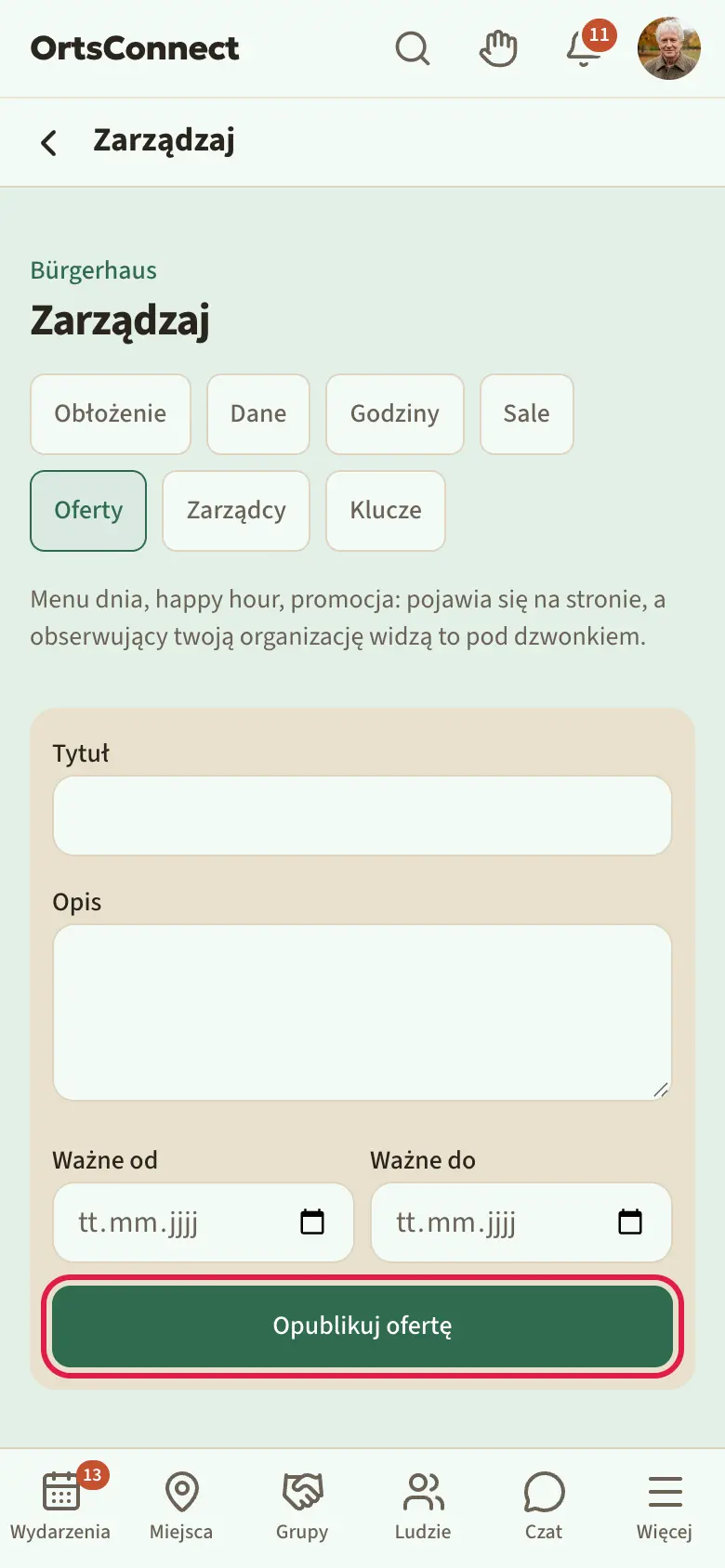 Zarządzanie › Oferty, na górze istniejąca oferta z okresem i symbolem kosza, pod spodem wypełniony formularz z przyciskiem „Opublikuj ofertę”